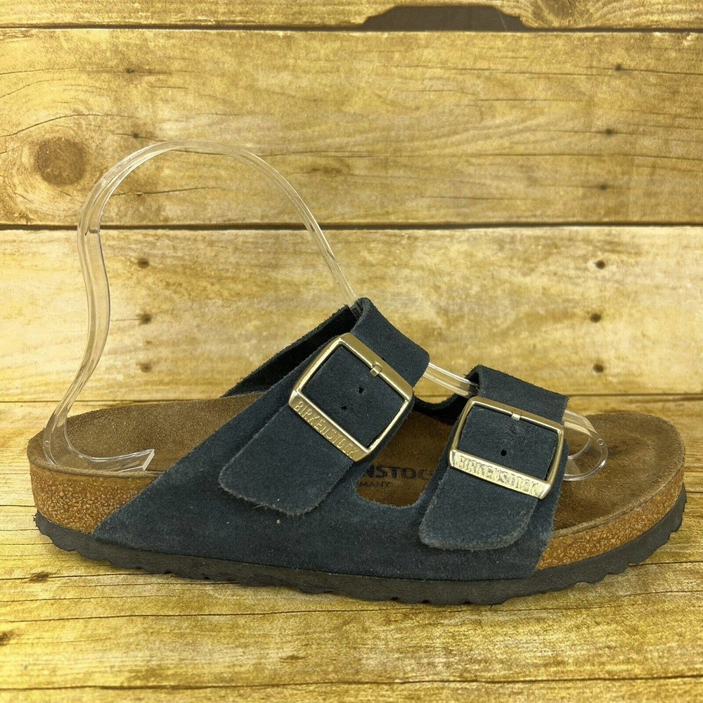 Birkenstock Black Suede Two-Buckle Sandals with Gold Buckles